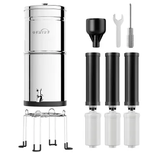 Gravity Water Filter System, 3.25G Berkey Stainless Steel Countertop System Water Purifier with Stand, Reduce 99% Chlorine for Home Camping Backpacking RVing, 3 Carbon and 3 Fluoride Filters