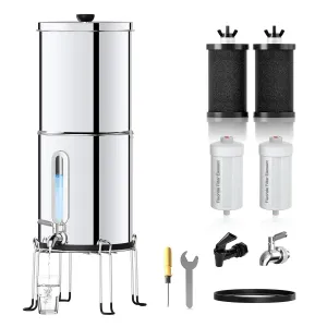 Gravity Water Filter System - NSF/ANSI 42&372 Certified 18/8 Stainless Steel Countertop Water Filtration System - 2.25G,Water Level Window, Reduce 99.9% of Chlorine, for Camping, RVs