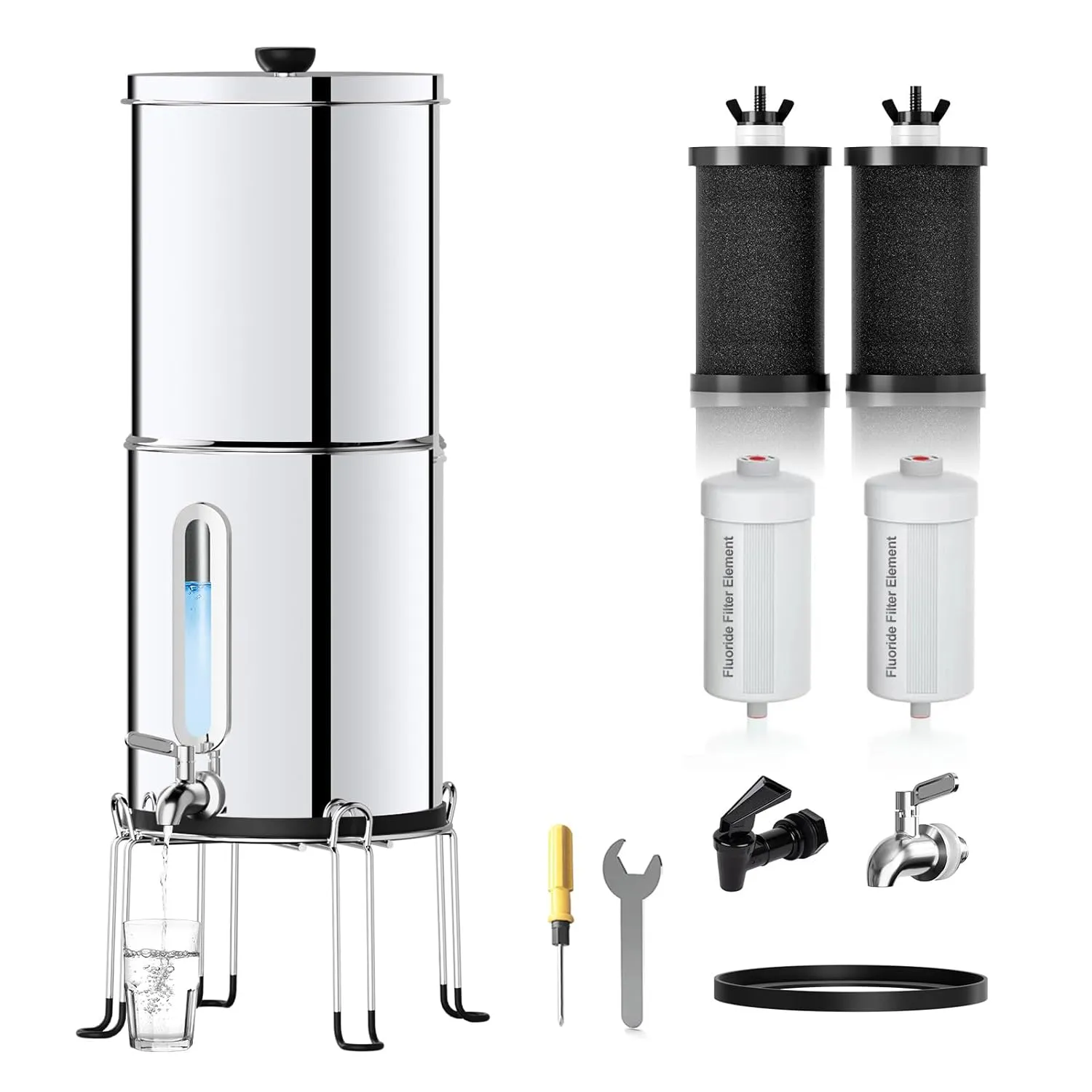 Gravity Water Filter System - NSF/ANSI 42&372 Certified 18/8 Stainless Steel Countertop Water Filtration System - 2.25G,Water Level Window, Reduce 99.9% of Chlorine, for Camping, RVs
