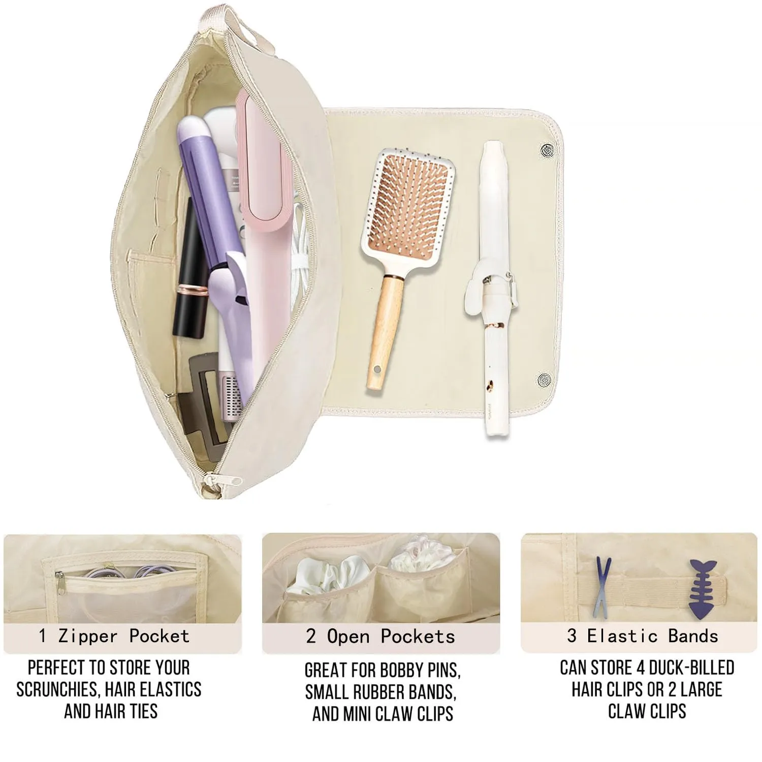 Hair Tools Travel Bag, Hot Tools Organizer for Women, Hair Styling Accessories Organizer Case, Curling Iron Straightener Flat Iron Hair, Essentials Dryer Storage Pouch for New Year Day Gift, Ivory