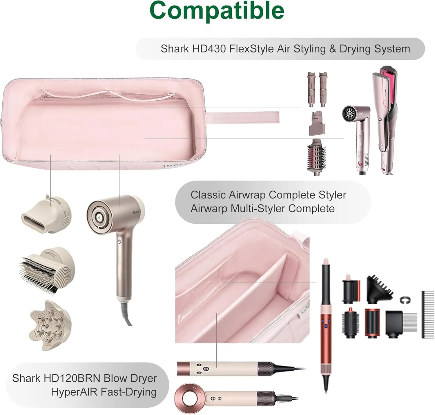 Hair Tools Travel Bag Organizer for Dyson Airwrap Case Holder Shark Hair Dryer Flex Style Airstraight Brush Revlon Attachments Carrying Case Flat Curling Iron Bags (Pink)