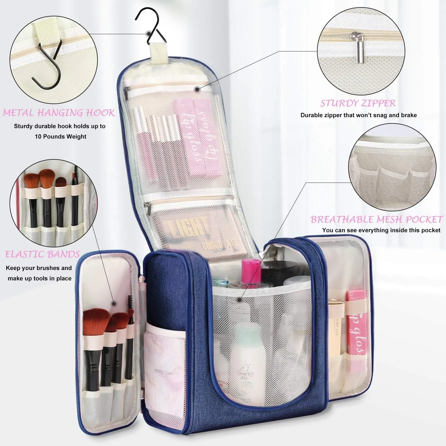 Hanging Toiletry Bag Extra Large Capacity | Premium Travel Organizer Bags For Men And Women | Durable Waterproof Nylon Bathroom, Shower, Makeup Bag For Toiletries, Cosmetics, Brushes