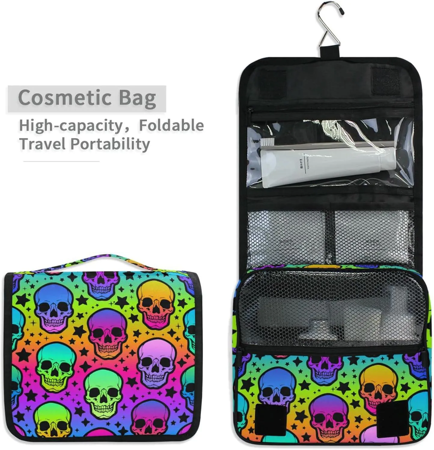 Hanging Toiletry Bag Rainbow Stars Skulls Travel Makeup bag for Toiletries Portable Travel Toiletry Organizer Cosmetic Bags with Hanging Hook