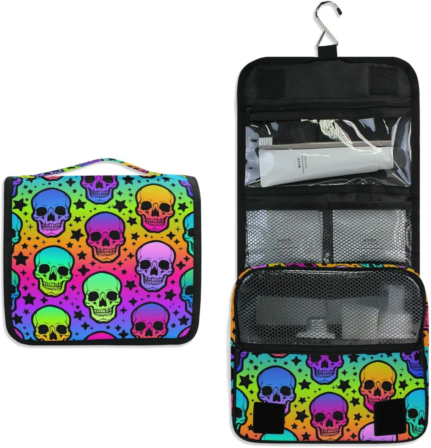 Hanging Toiletry Bag Rainbow Stars Skulls Travel Makeup bag for Toiletries Portable Travel Toiletry Organizer Cosmetic Bags with Hanging Hook
