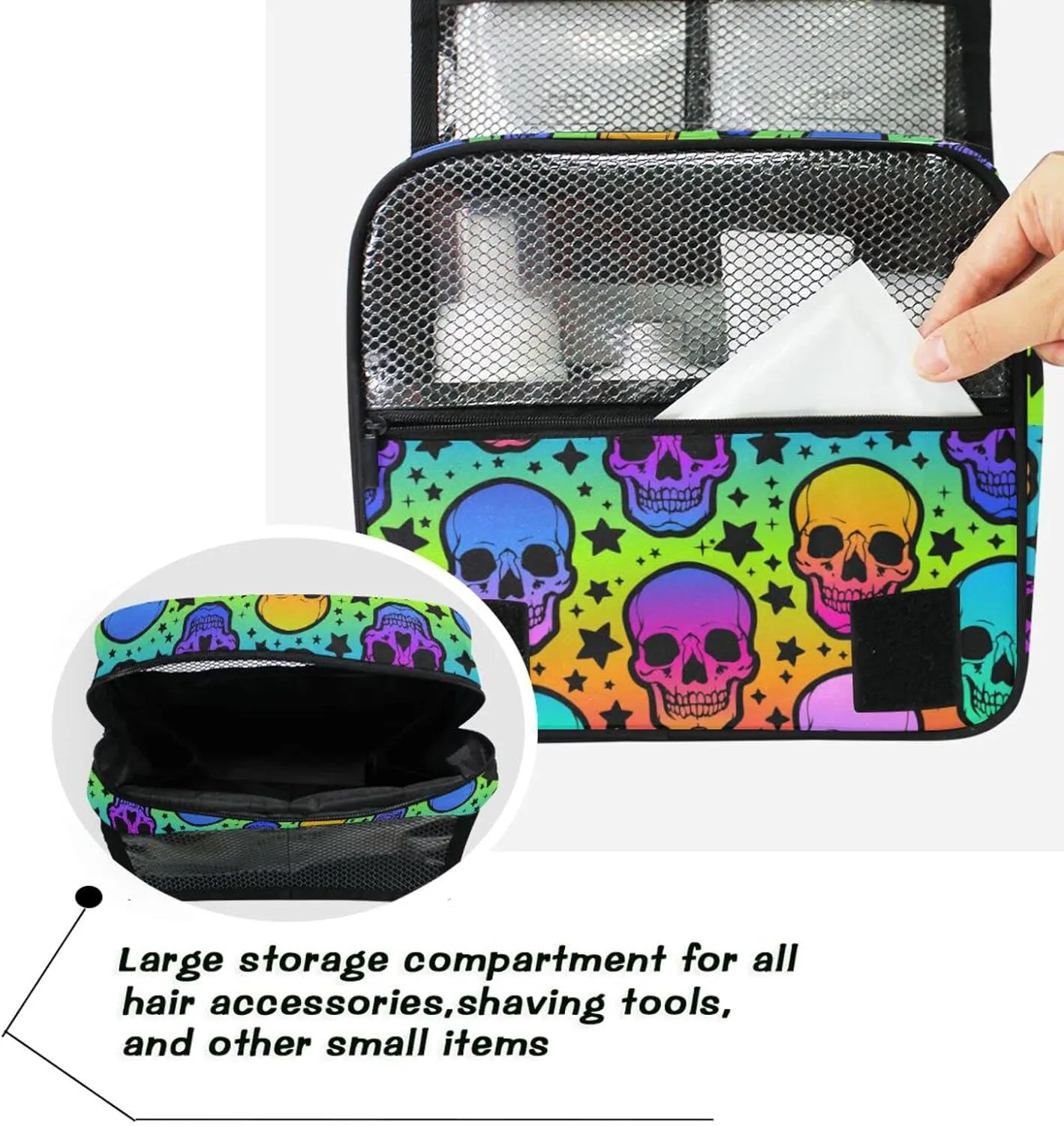 Hanging Toiletry Bag Rainbow Stars Skulls Travel Makeup bag for Toiletries Portable Travel Toiletry Organizer Cosmetic Bags with Hanging Hook