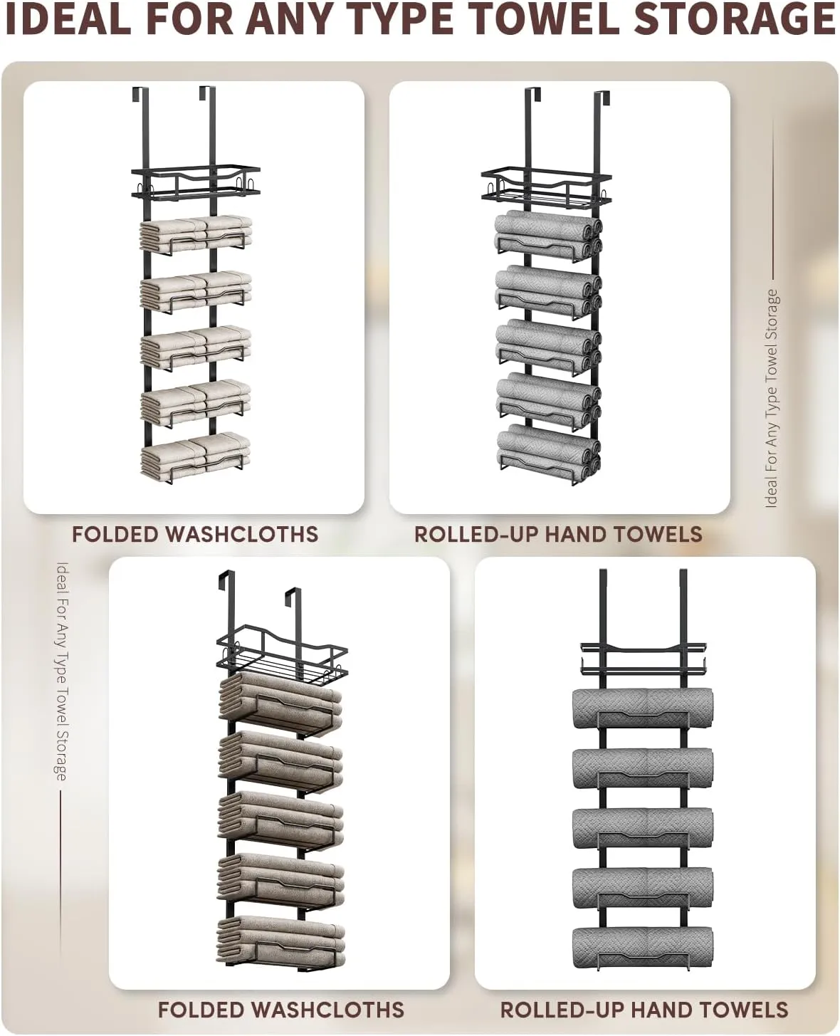 Hanging Towel Racks for Bathroom No Drill - 6-Tier Over The Door Bath Towel Storage Organizer for Small Bathrooms - Tiered Back of Door Towel Holder Hanger for Rolled Towels RV Camper Black