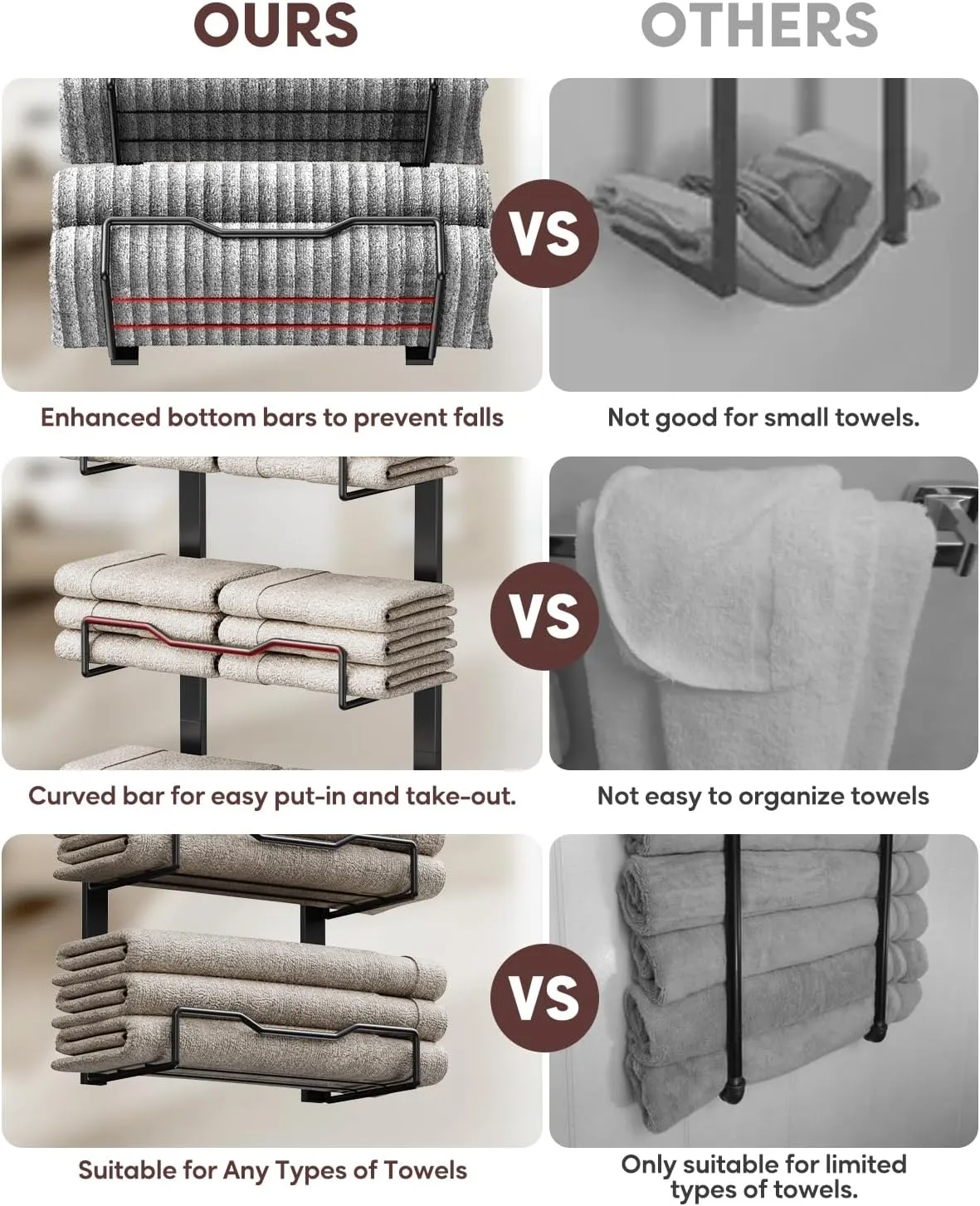 Hanging Towel Racks for Bathroom No Drill - 6-Tier Over The Door Bath Towel Storage Organizer for Small Bathrooms - Tiered Back of Door Towel Holder Hanger for Rolled Towels RV Camper Black