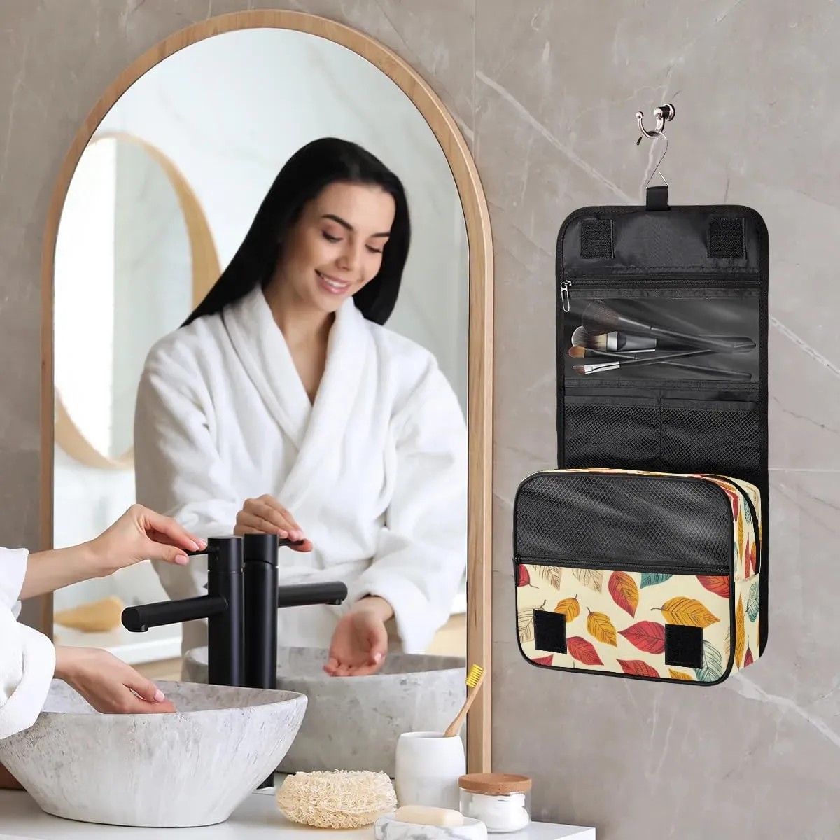 Hanging Travel Toiletry Bag Cartoon Leaves Toiletry Bags with Hanging Hook Portable Cosmetic Bag Makeup Organizer for Travel Business Trip