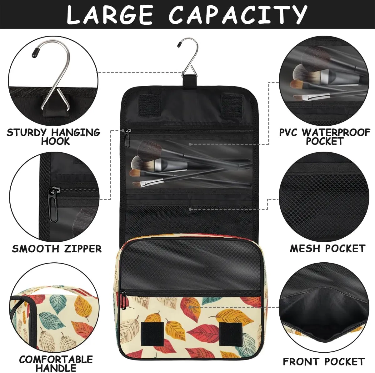 Hanging Travel Toiletry Bag Cartoon Leaves Toiletry Bags with Hanging Hook Portable Cosmetic Bag Makeup Organizer for Travel Business Trip