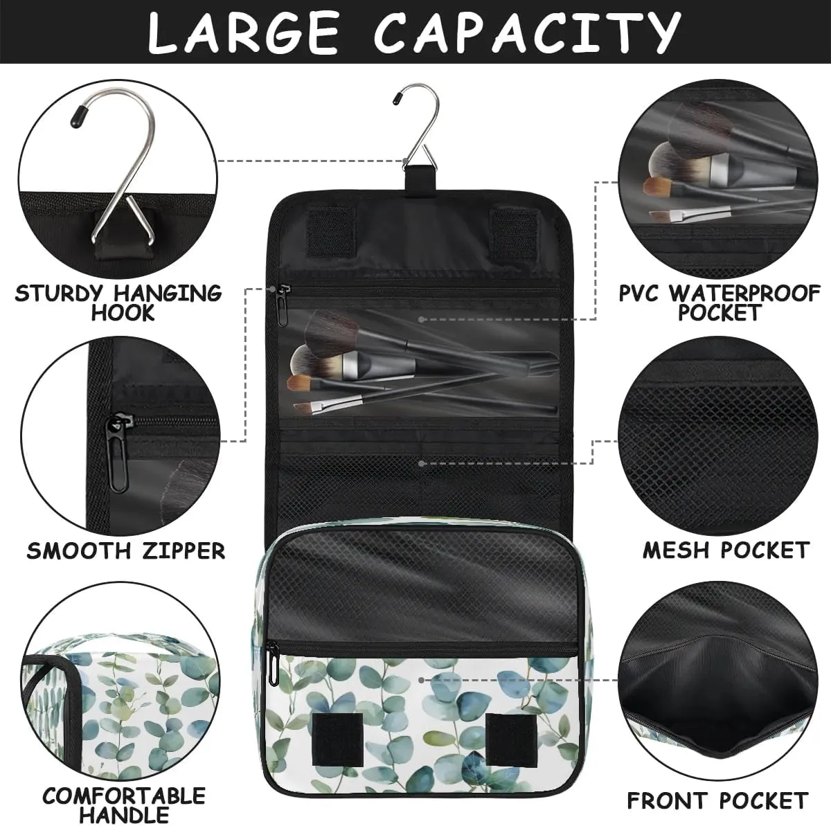 Hanging Travel Toiletry Bag Eucalyptus Leaf Print Toiletry Bags with Hanging Hook Portable Cosmetic Bag Makeup Organizer for Travel Business Trip