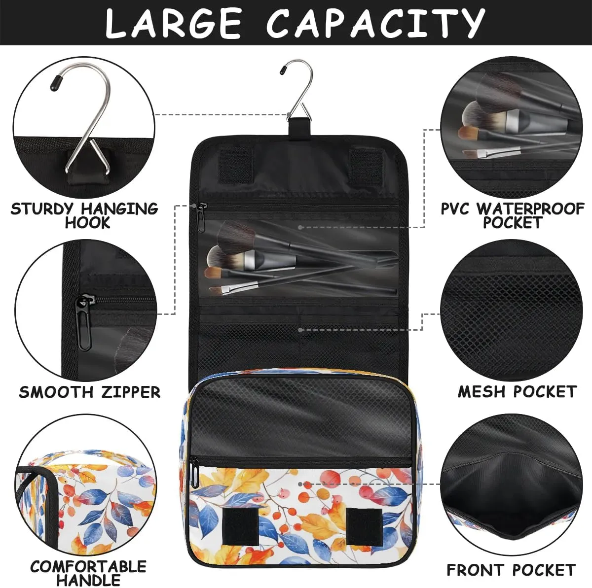 Hanging Travel Toiletry Bag Leaves Berry Toiletry Bags with Hanging Hook Portable Cosmetic Bag Makeup Organizer for Travel Business Trip