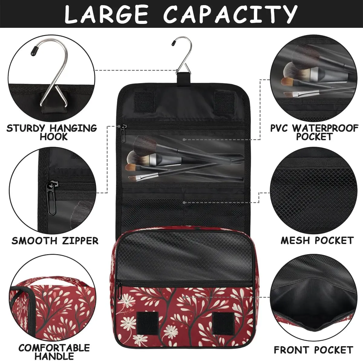 Hanging Travel Toiletry Bag Leaves Printed Toiletry Bags with Hanging Hook Portable Cosmetic Bag Makeup Organizer for Travel Business Trip