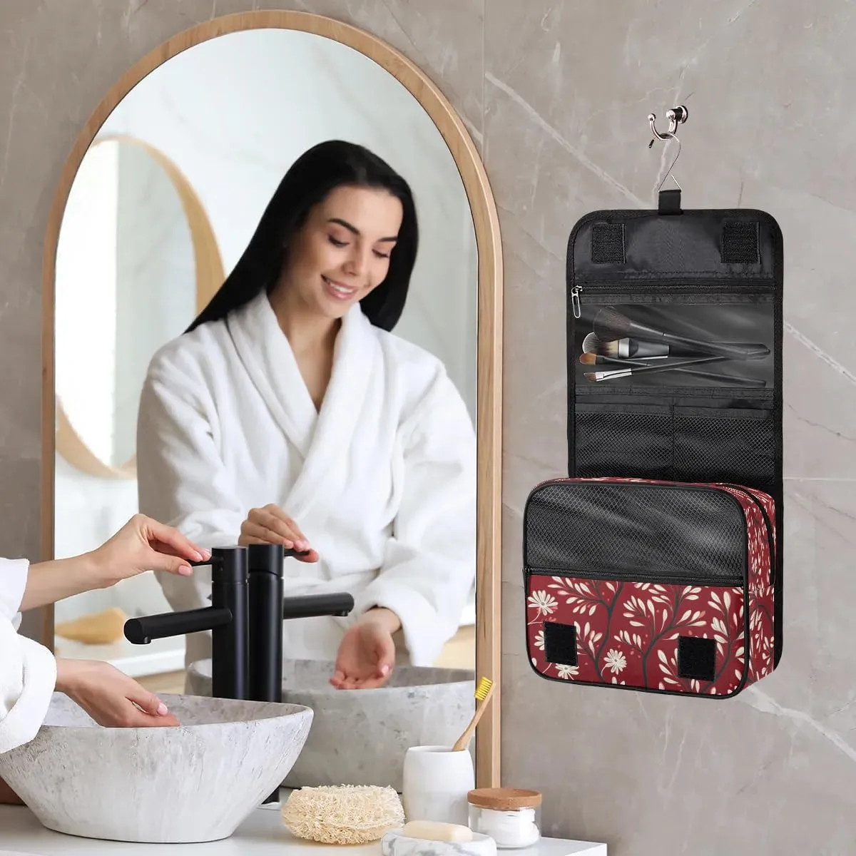 Hanging Travel Toiletry Bag Leaves Printed Toiletry Bags with Hanging Hook Portable Cosmetic Bag Makeup Organizer for Travel Business Trip
