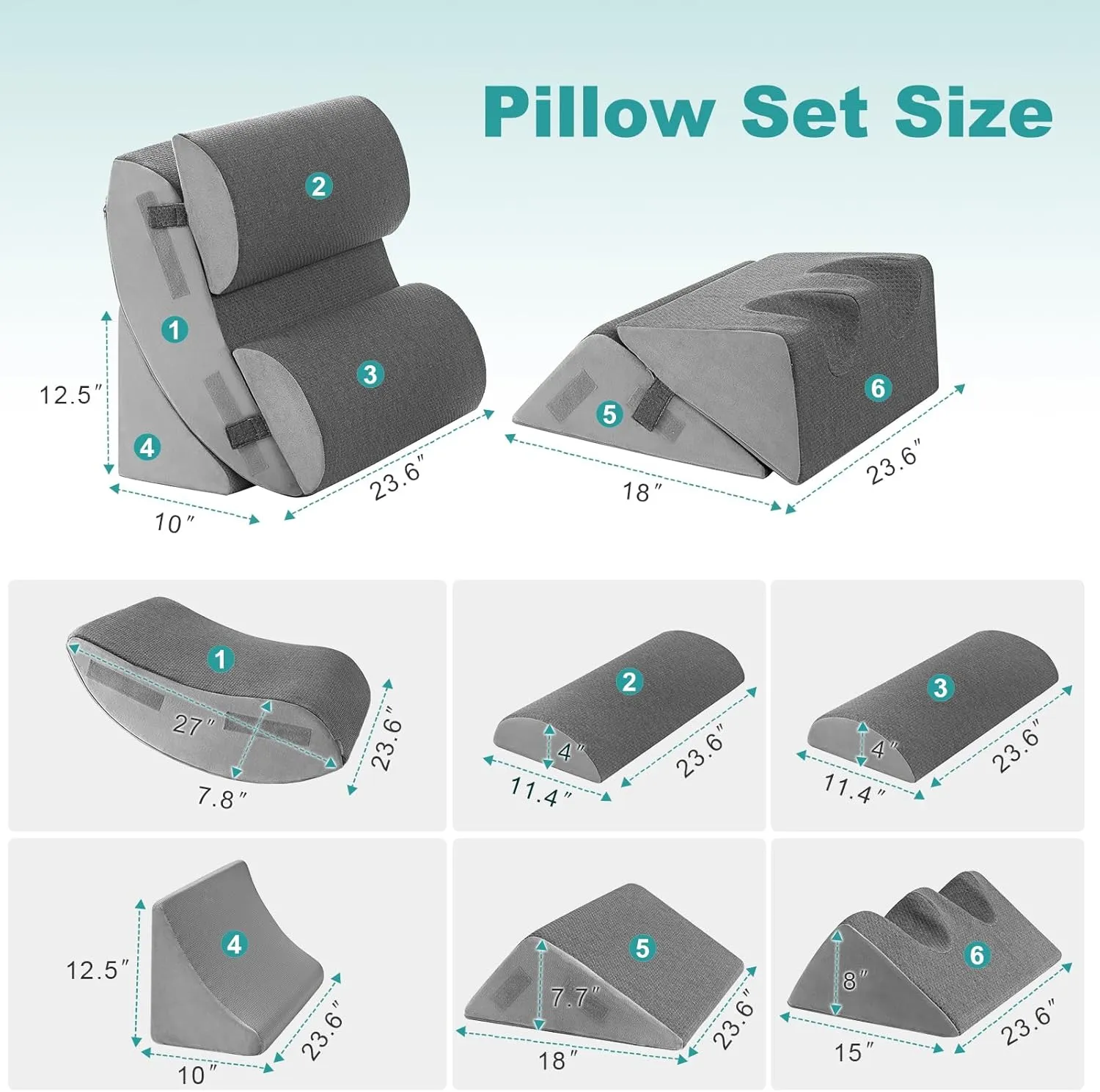 Hansleep 6PCS Orthopedic Bed Wedge Pillow for Sleeping, Adjustable Post Surgery Pillow Set for Body, Back and Leg Pain Relief, Memory Foam Support Pillows for After Surgery, Grey