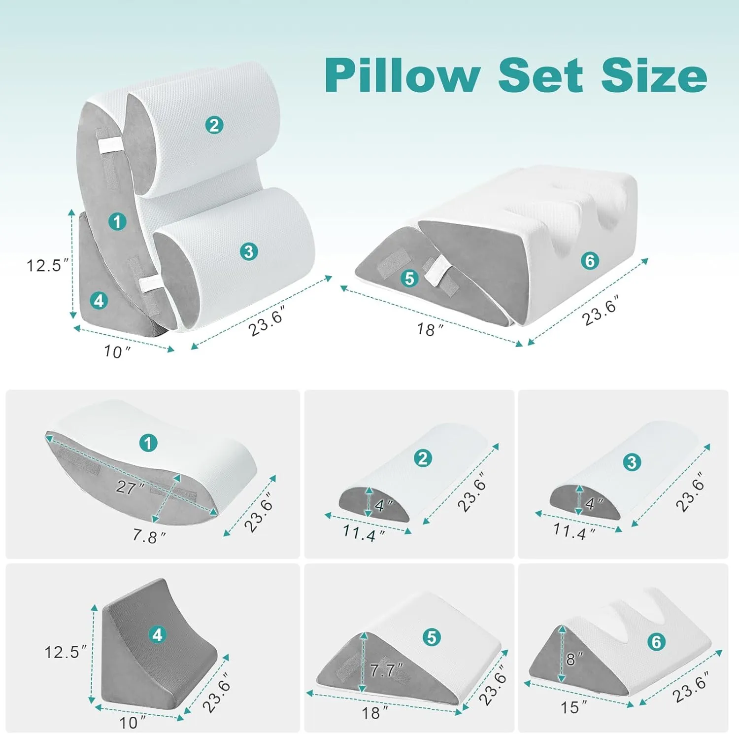 Hansleep 6PCS Orthopedic Bed Wedge Pillow for Sleeping, Adjustable Post Surgery Pillow Set for Body, Back and Leg Pain Relief, Memory Foam Support Pillows for After Surgery, White