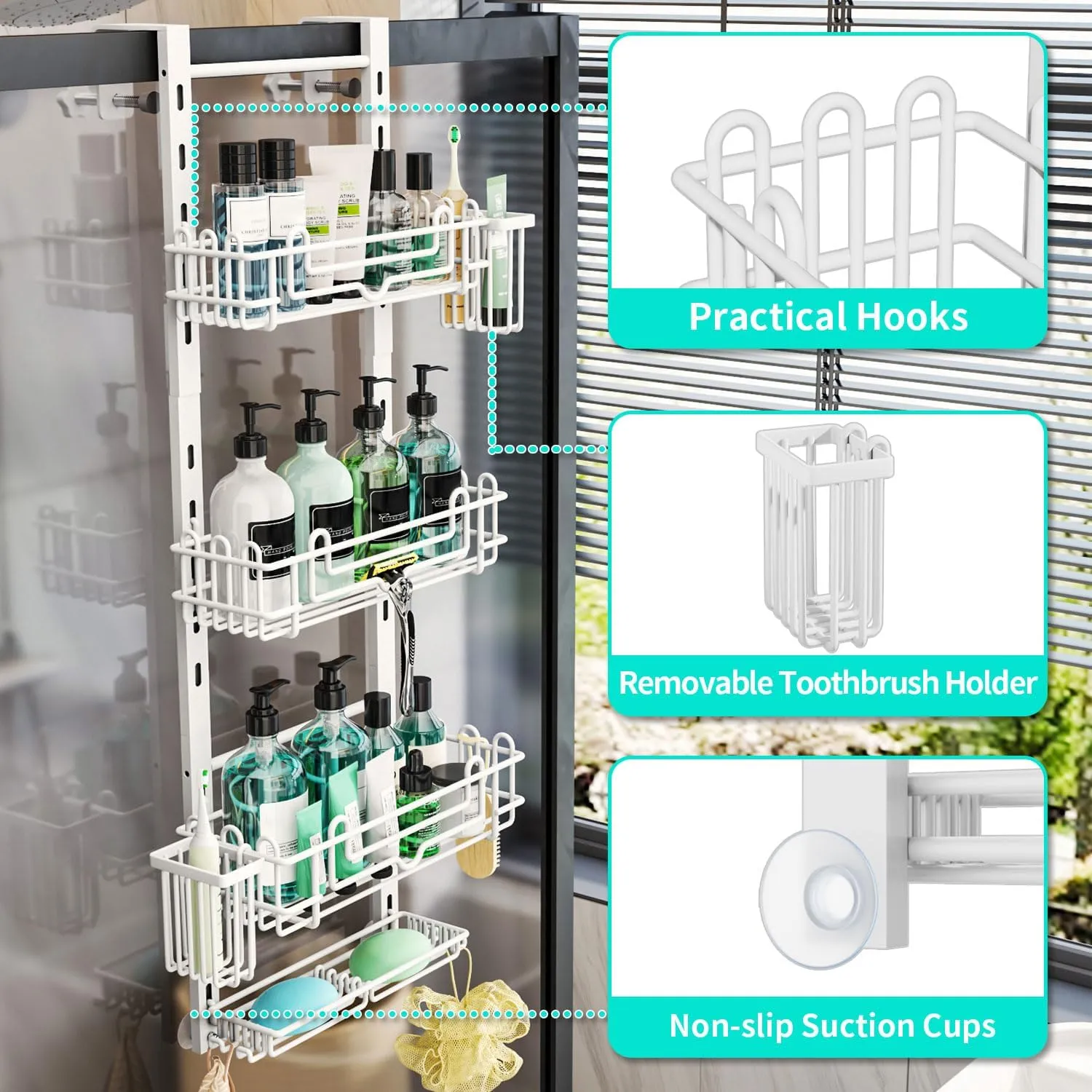 HapiRm 4 Tier Over the Door Shower Caddy, Hanging Shower Caddy with 22 Hooks and 2 Toothbrush Holders, No Drilling Adjustable Hanging Bathroom Organizer - White