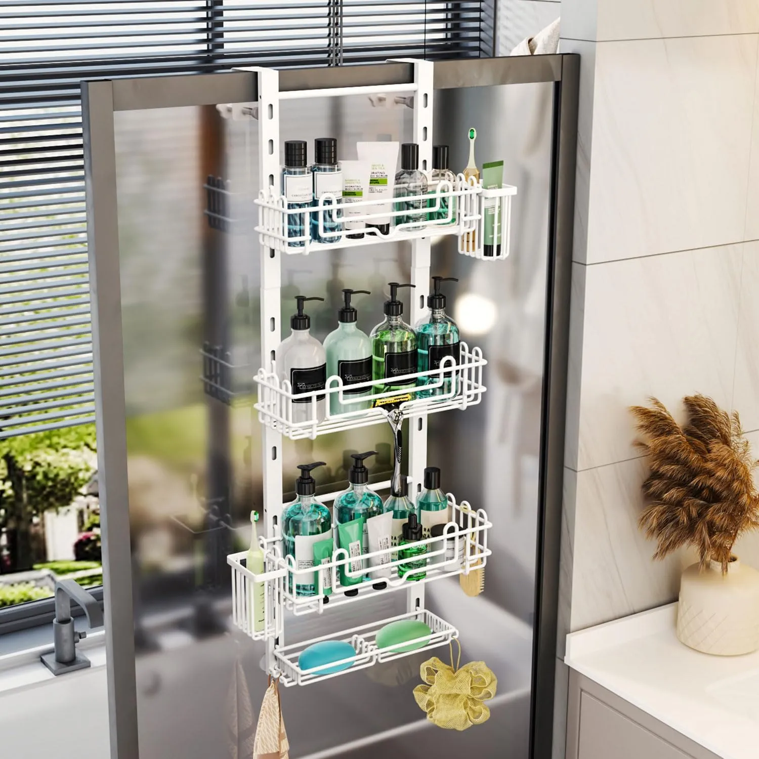 HapiRm 4 Tier Over the Door Shower Caddy, Hanging Shower Caddy with 22 Hooks and 2 Toothbrush Holders, No Drilling Adjustable Hanging Bathroom Organizer - White