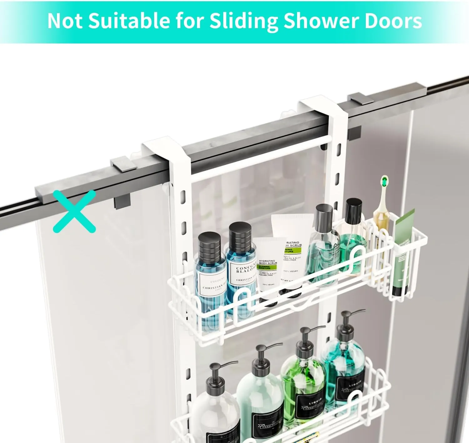 HapiRm 4 Tier Over the Door Shower Caddy, Hanging Shower Caddy with 22 Hooks and 2 Toothbrush Holders, No Drilling Adjustable Hanging Bathroom Organizer - White