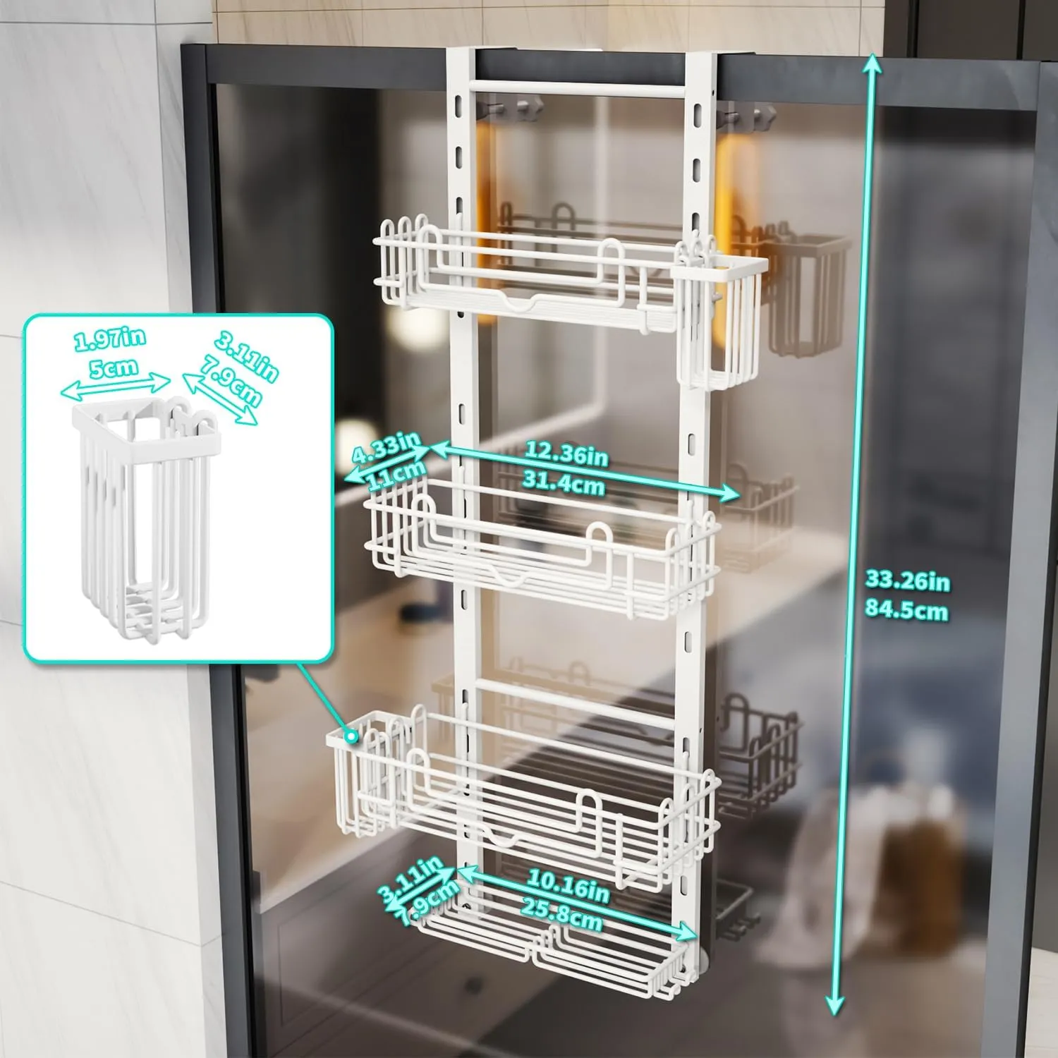 HapiRm 4 Tier Over the Door Shower Caddy, Hanging Shower Caddy with 22 Hooks and 2 Toothbrush Holders, No Drilling Adjustable Hanging Bathroom Organizer - White
