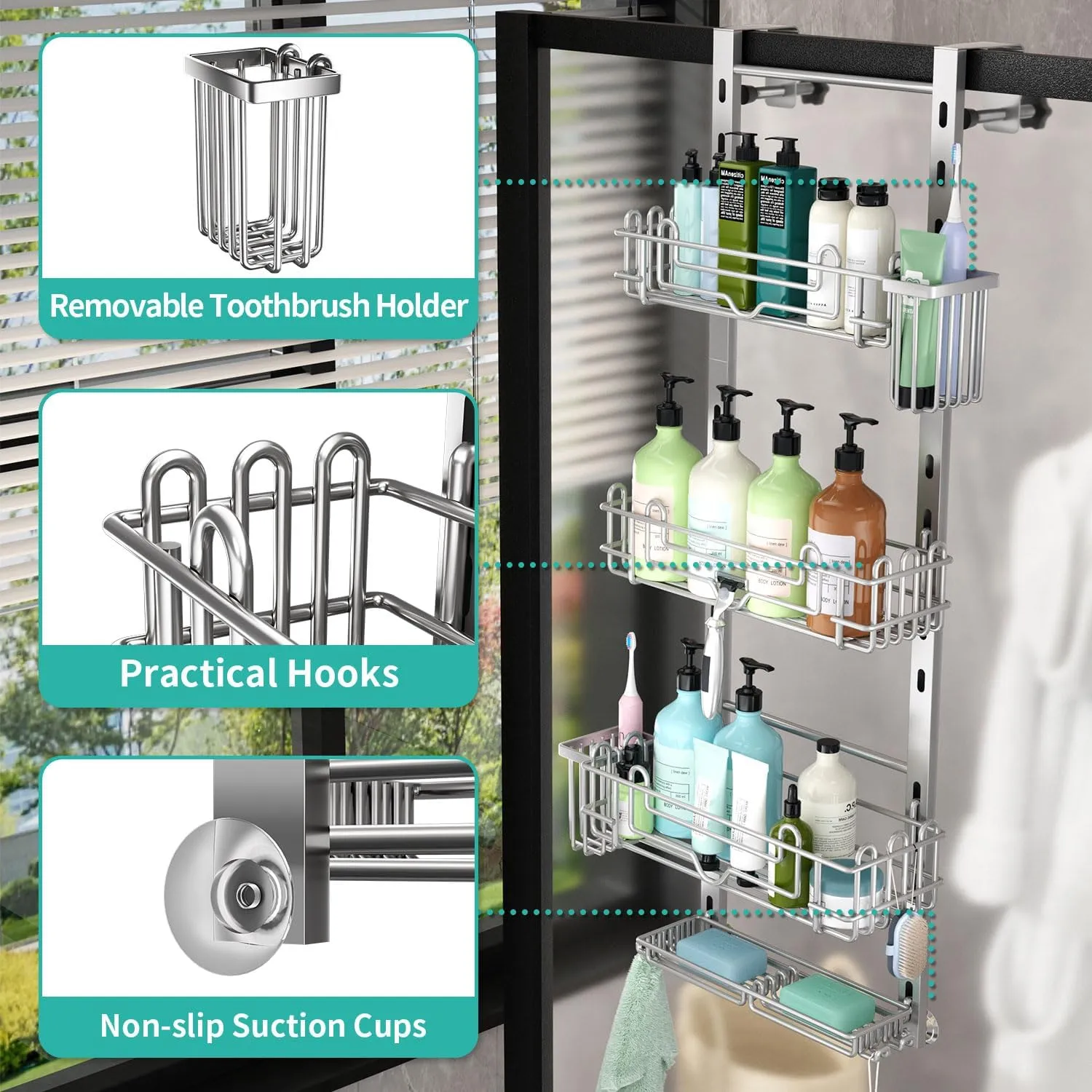 HapiRm Hanging Shower Caddy Organizer - Shower Shelf with 22 Hooks and 2 Toothbrush Holders, No Drilling Adjustable Hanging Bathroom Organizer - Silver
