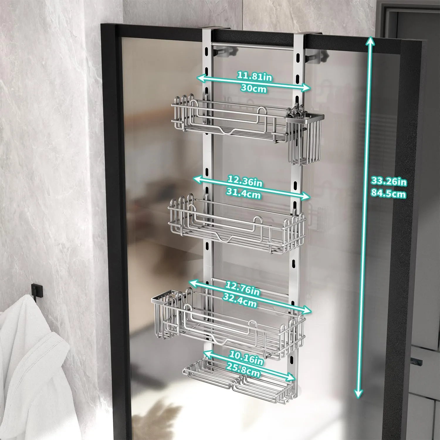 HapiRm Hanging Shower Caddy Organizer - Shower Shelf with 22 Hooks and 2 Toothbrush Holders, No Drilling Adjustable Hanging Bathroom Organizer - Silver