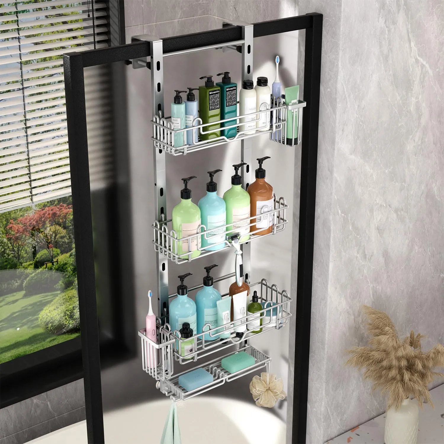 HapiRm Hanging Shower Caddy Organizer - Shower Shelf with 22 Hooks and 2 Toothbrush Holders, No Drilling Adjustable Hanging Bathroom Organizer - Silver