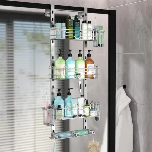 HapiRm Hanging Shower Caddy Organizer - Shower Shelf with 22 Hooks and 2 Toothbrush Holders, No Drilling Adjustable Hanging Bathroom Organizer - Silver
