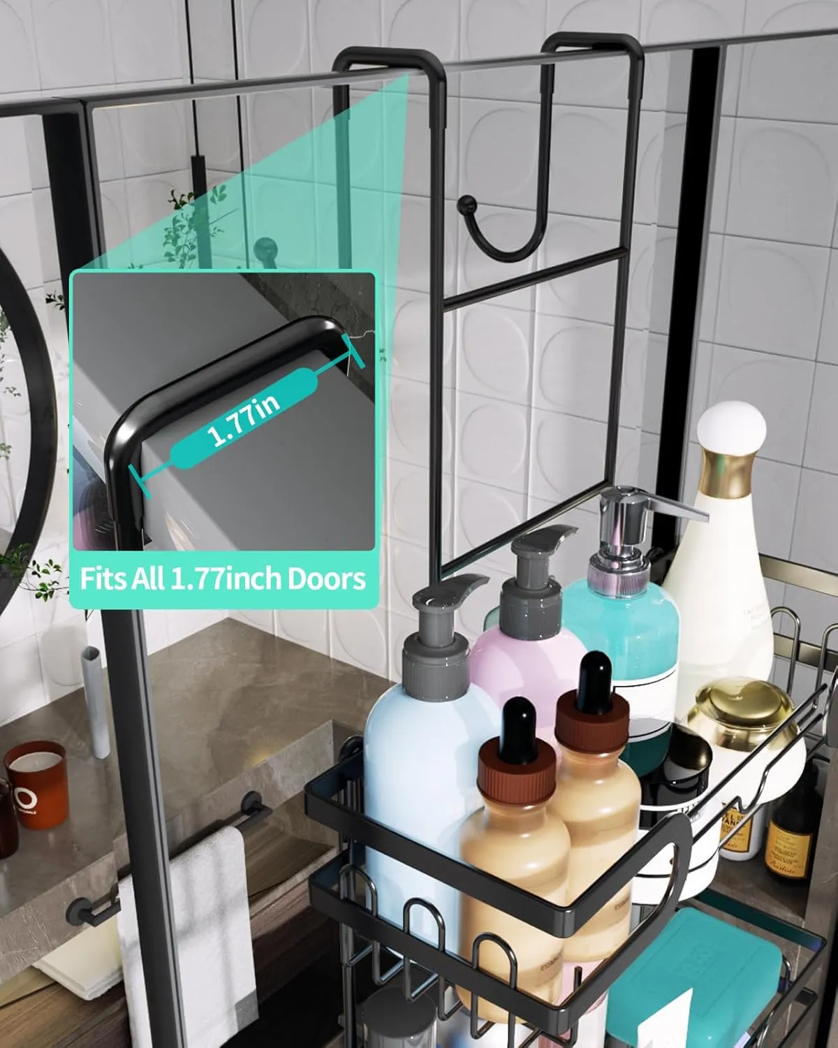 HapiRm Hanging Shower Caddy Over the Door with 14 Hooks and Soap Holder, No Drilling Adhesive Shower Storage, Rustproof & Waterproof Stainless Steel Bathroom Shelves - Black