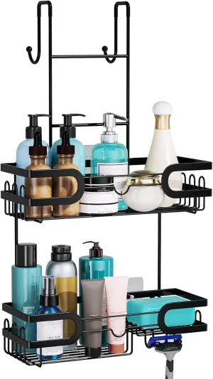 HapiRm Hanging Shower Caddy Over the Door with 14 Hooks and Soap Holder, No Drilling Adhesive Shower Storage, Rustproof & Waterproof Stainless Steel Bathroom Shelves - Black
