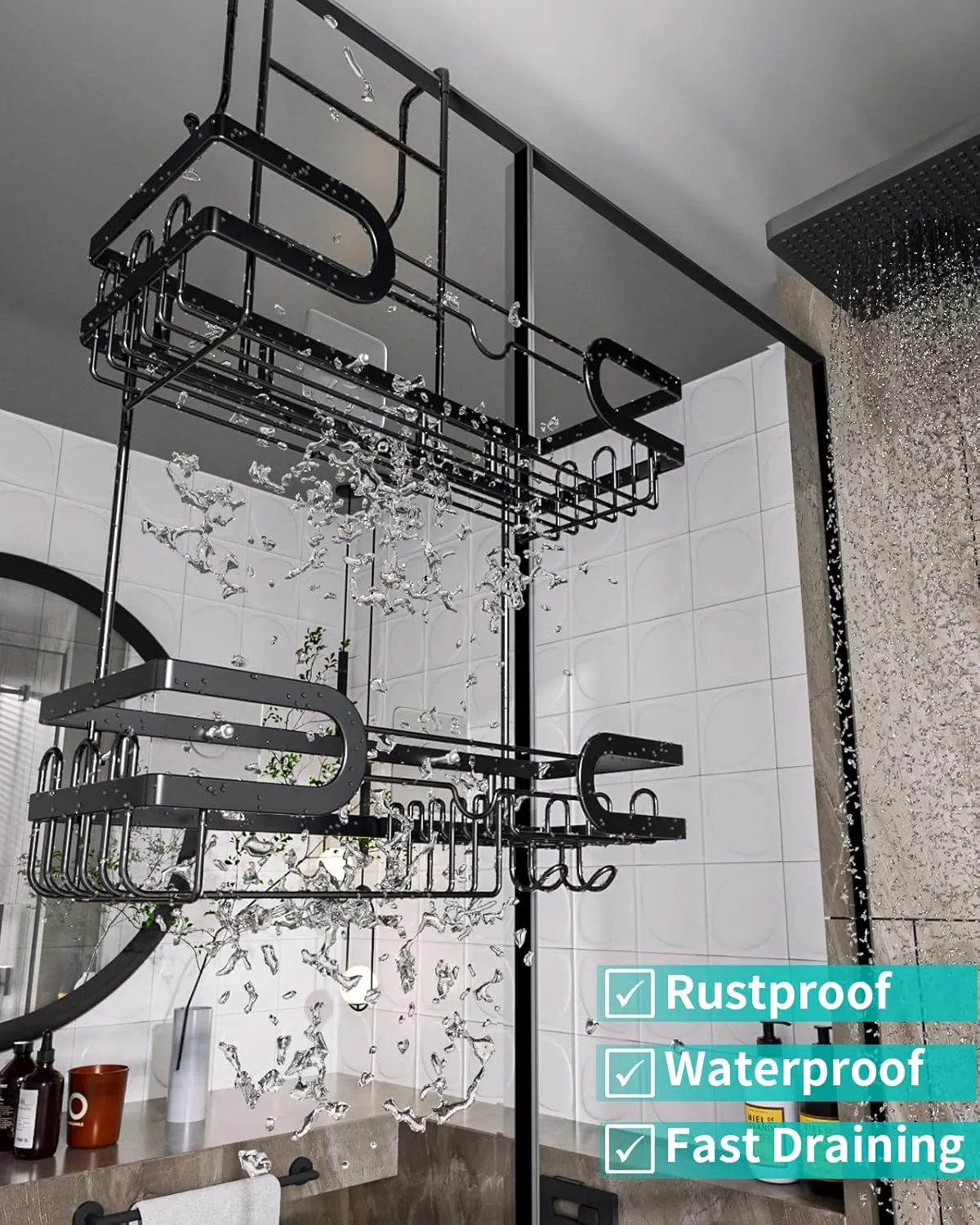 HapiRm Hanging Shower Caddy Over the Door with 14 Hooks and Soap Holder, No Drilling Adhesive Shower Storage, Rustproof & Waterproof Stainless Steel Bathroom Shelves - Black