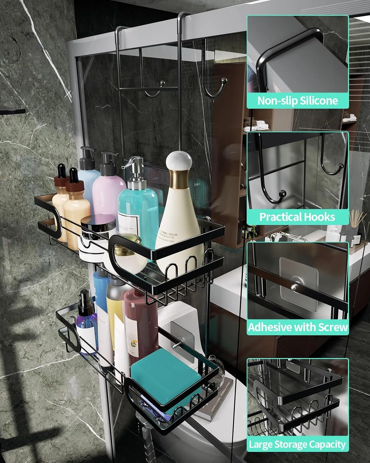 HapiRm Hanging Shower Caddy Over the Door with 14 Hooks and Soap Holder, No Drilling Adhesive Shower Storage, Rustproof & Waterproof Stainless Steel Bathroom Shelves - Black