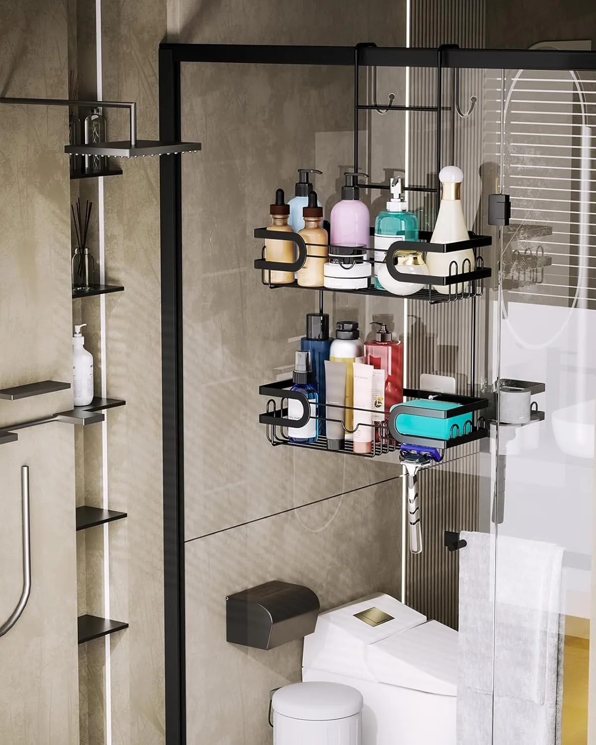 HapiRm Hanging Shower Caddy Over the Door with 14 Hooks and Soap Holder, No Drilling Adhesive Shower Storage, Rustproof & Waterproof Stainless Steel Bathroom Shelves - Black