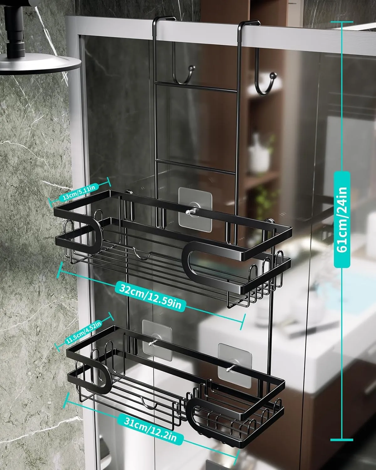 HapiRm Hanging Shower Caddy Over the Door with 14 Hooks and Soap Holder, No Drilling Adhesive Shower Storage, Rustproof & Waterproof Stainless Steel Bathroom Shelves - Black