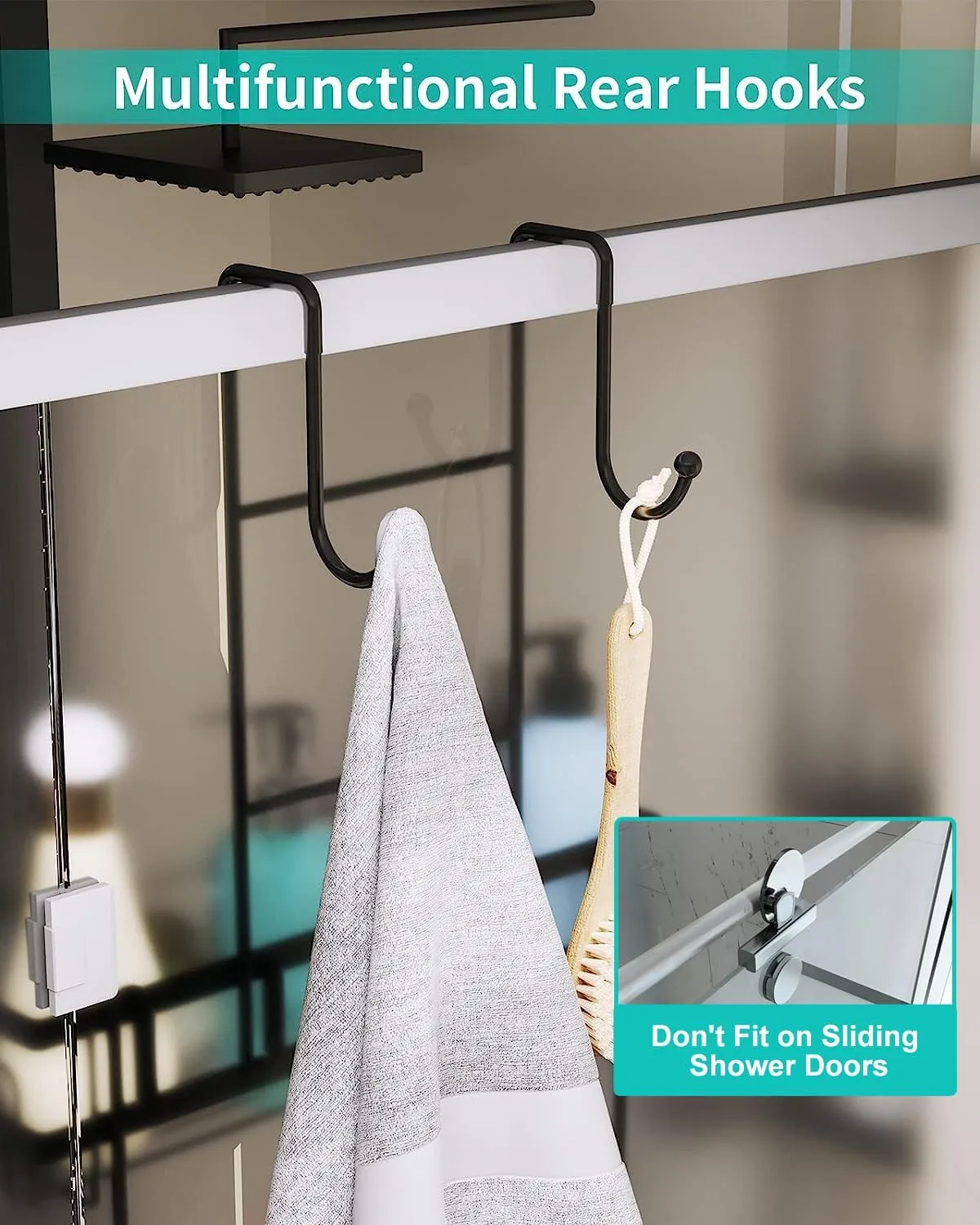 HapiRm Hanging Shower Caddy Over the Door with 14 Hooks and Soap Holder, No Drilling Adhesive Shower Storage, Rustproof & Waterproof Stainless Steel Bathroom Shelves - Black