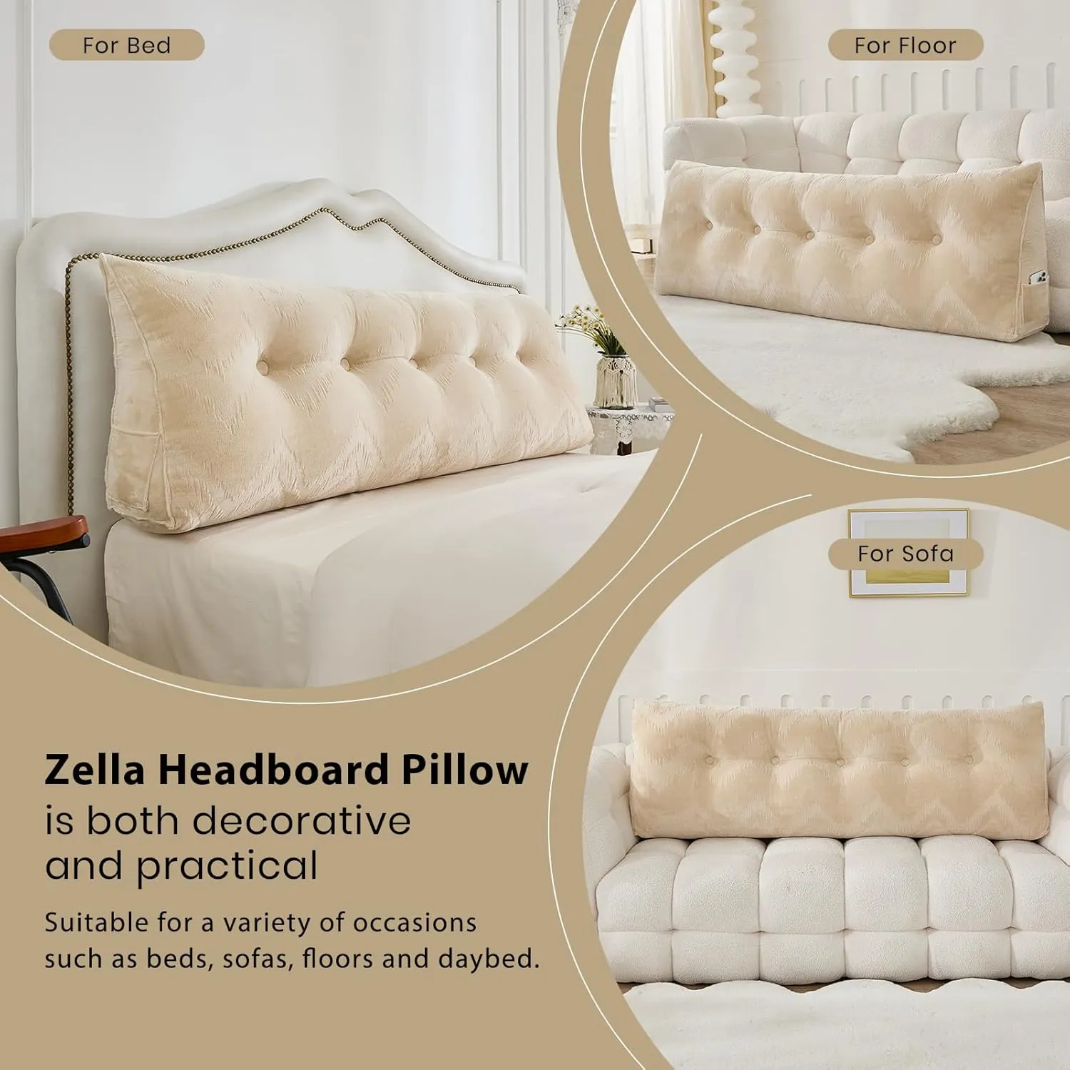 Headboard Pillow for Bed,Triangular Wedge Pillow Headboard Soft Support While Reading and Resting,Bed Bolster Cushion Headboard with Removable Cover,Beige Cream, King (76"x8"x20")