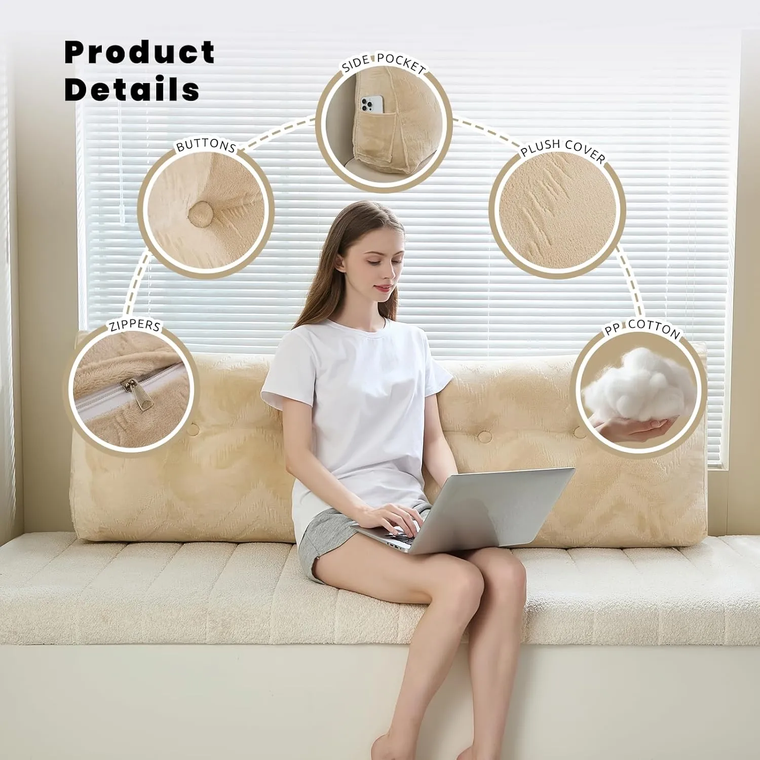 Headboard Pillow for Bed,Triangular Wedge Pillow Headboard Soft Support While Reading and Resting,Bed Bolster Cushion Headboard with Removable Cover,Beige Cream, King (76"x8"x20")