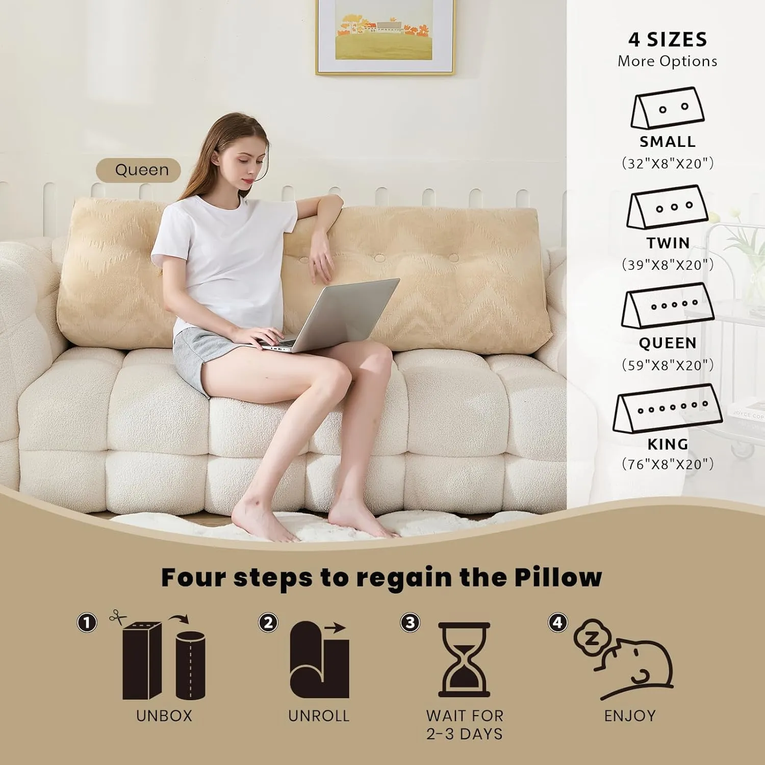 Headboard Pillow for Bed,Triangular Wedge Pillow Headboard Soft Support While Reading and Resting,Bed Bolster Cushion Headboard with Removable Cover,Beige Cream, King (76"x8"x20")