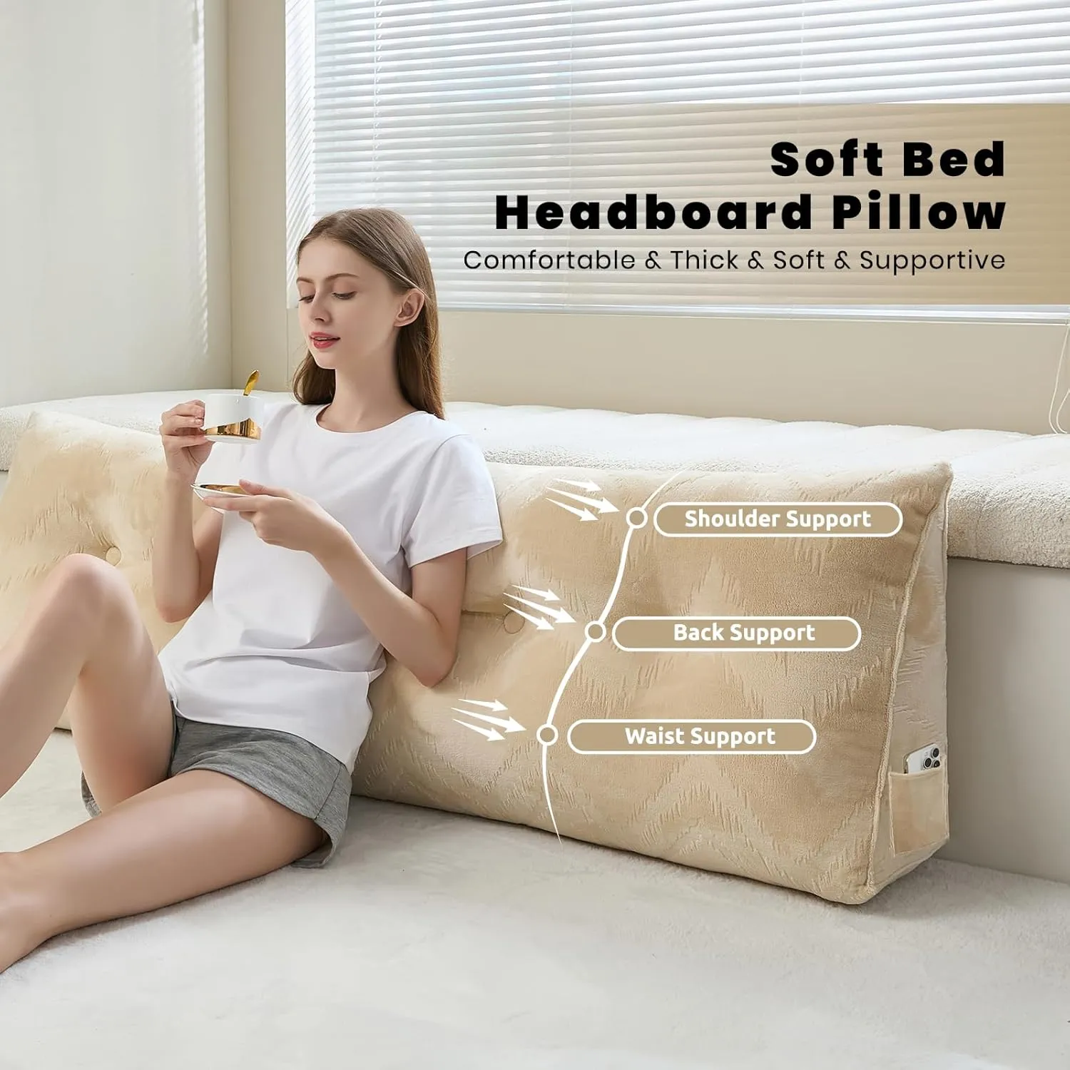 Headboard Pillow for Bed,Triangular Wedge Pillow Headboard Soft Support While Reading and Resting,Bed Bolster Cushion Headboard with Removable Cover,Beige Cream, King (76"x8"x20")