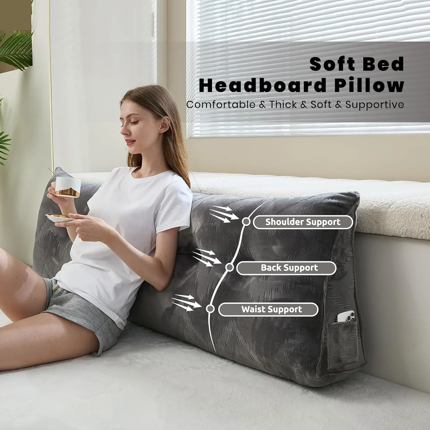 Headboard Pillow for Bed,Triangular Wedge Pillow Headboard Soft Support While Reading and Resting,Bed Bolster Cushion Headboard with Removable Cover,Dark Grey, King (76"x8"x20")