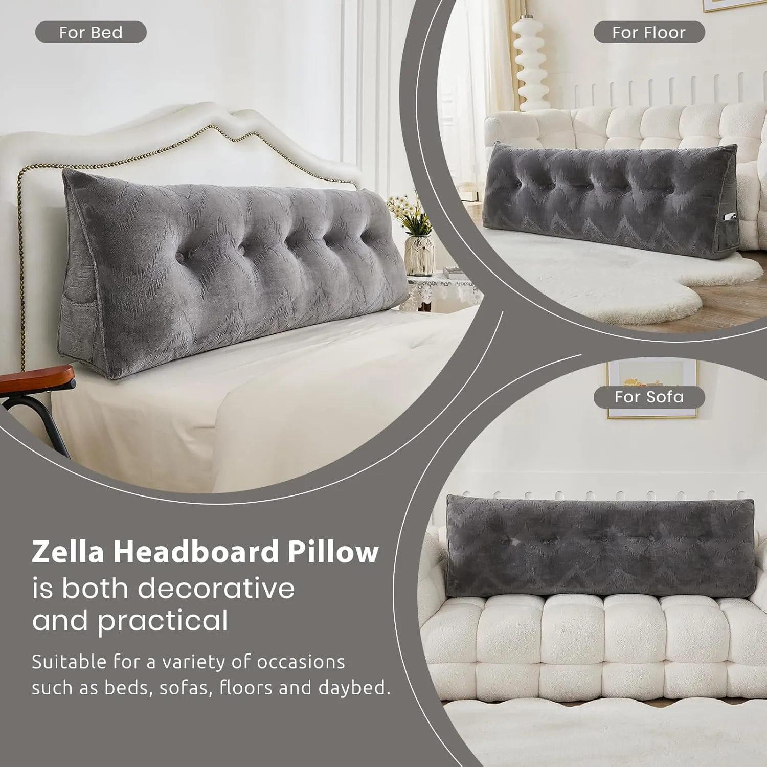 Headboard Pillow for Bed,Triangular Wedge Pillow Headboard Soft Support While Reading and Resting,Bed Bolster Cushion Headboard with Removable Cover,Dark Grey, King (76"x8"x20")