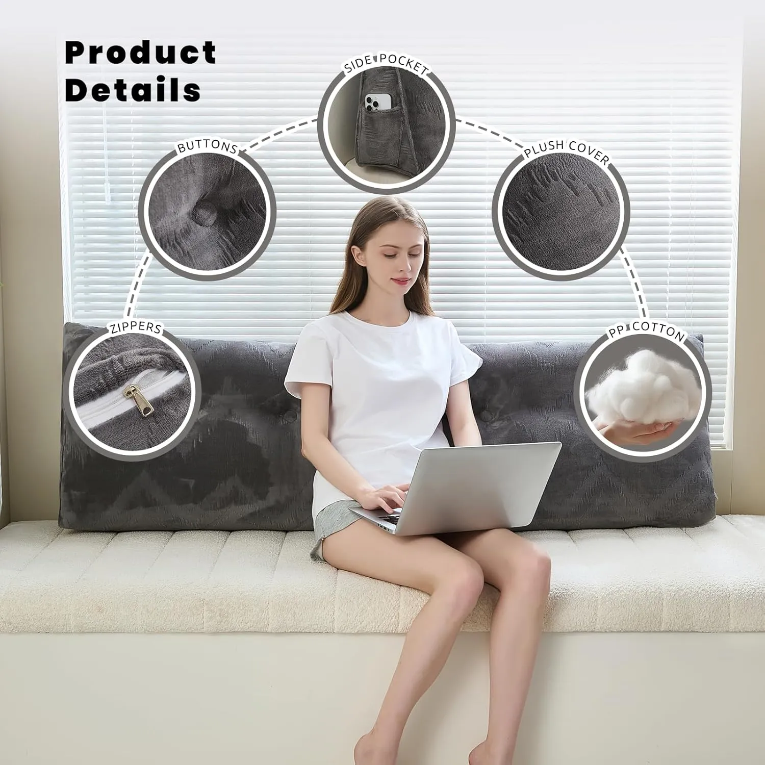 Headboard Pillow for Bed,Triangular Wedge Pillow Headboard Soft Support While Reading and Resting,Bed Bolster Cushion Headboard with Removable Cover,Dark Grey, King (76"x8"x20")