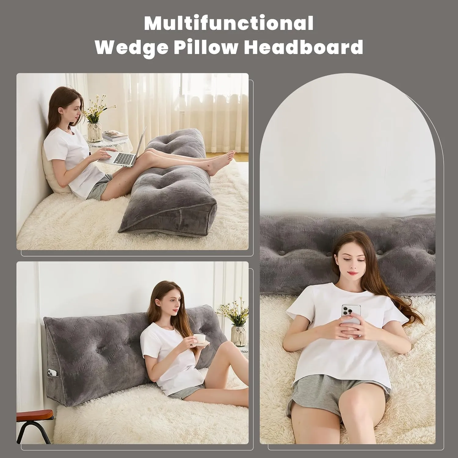 Headboard Pillow for Bed,Triangular Wedge Pillow Headboard Soft Support While Reading and Resting,Bed Bolster Cushion Headboard with Removable Cover,Dark Grey, King (76"x8"x20")