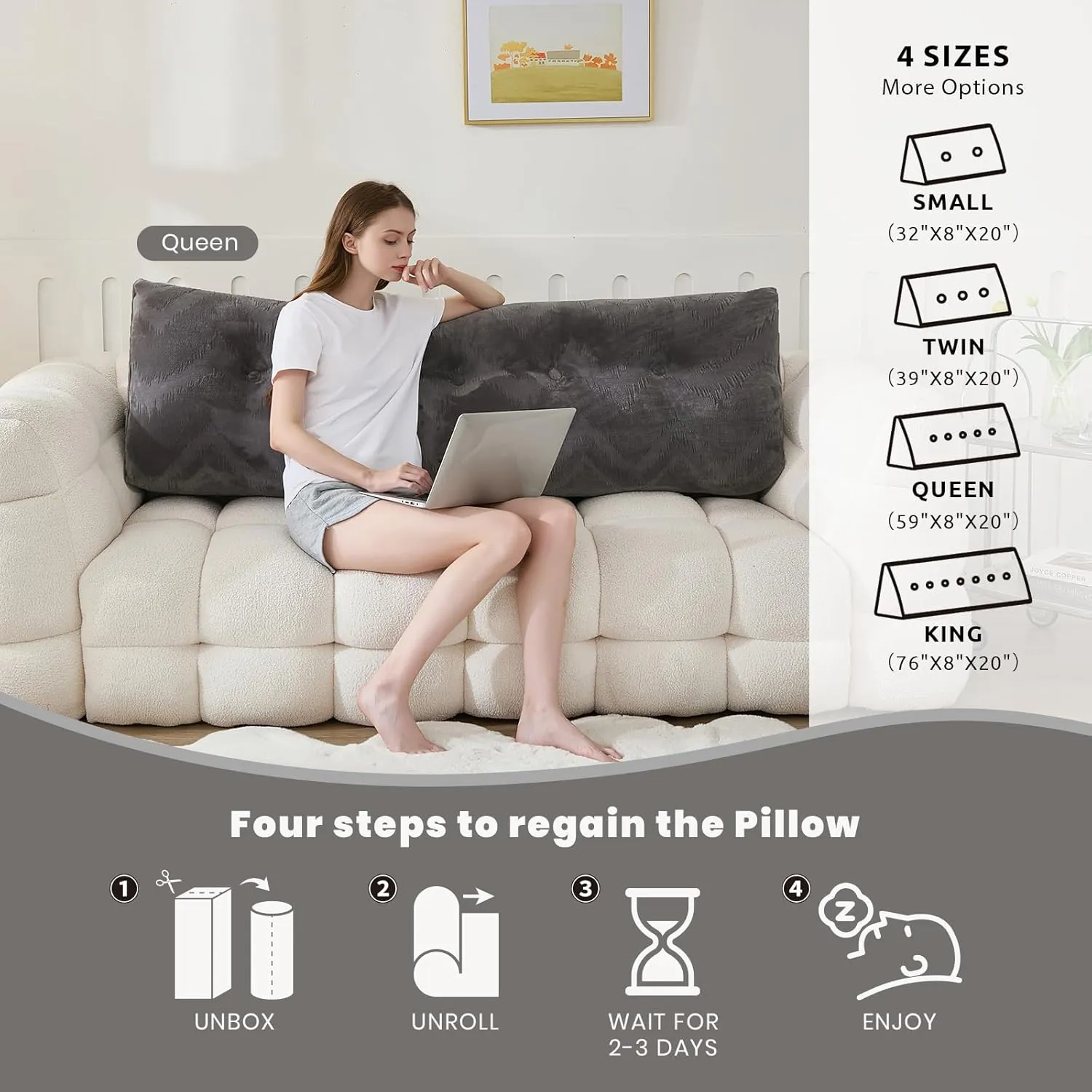 Headboard Pillow for Bed,Triangular Wedge Pillow Headboard Soft Support While Reading and Resting,Bed Bolster Cushion Headboard with Removable Cover,Dark Grey, King (76"x8"x20")
