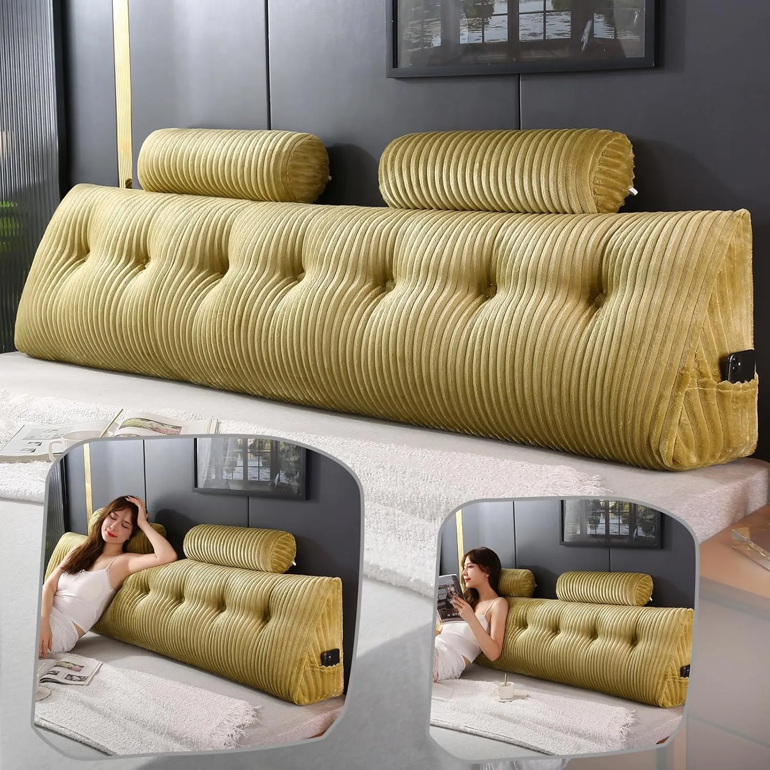 Headboard Wedge Pillow with 2 Pack Neck Roll Pillows Large Wedge Headboard Pillow Reading Pillow Soft and Supportive with Removable Cover