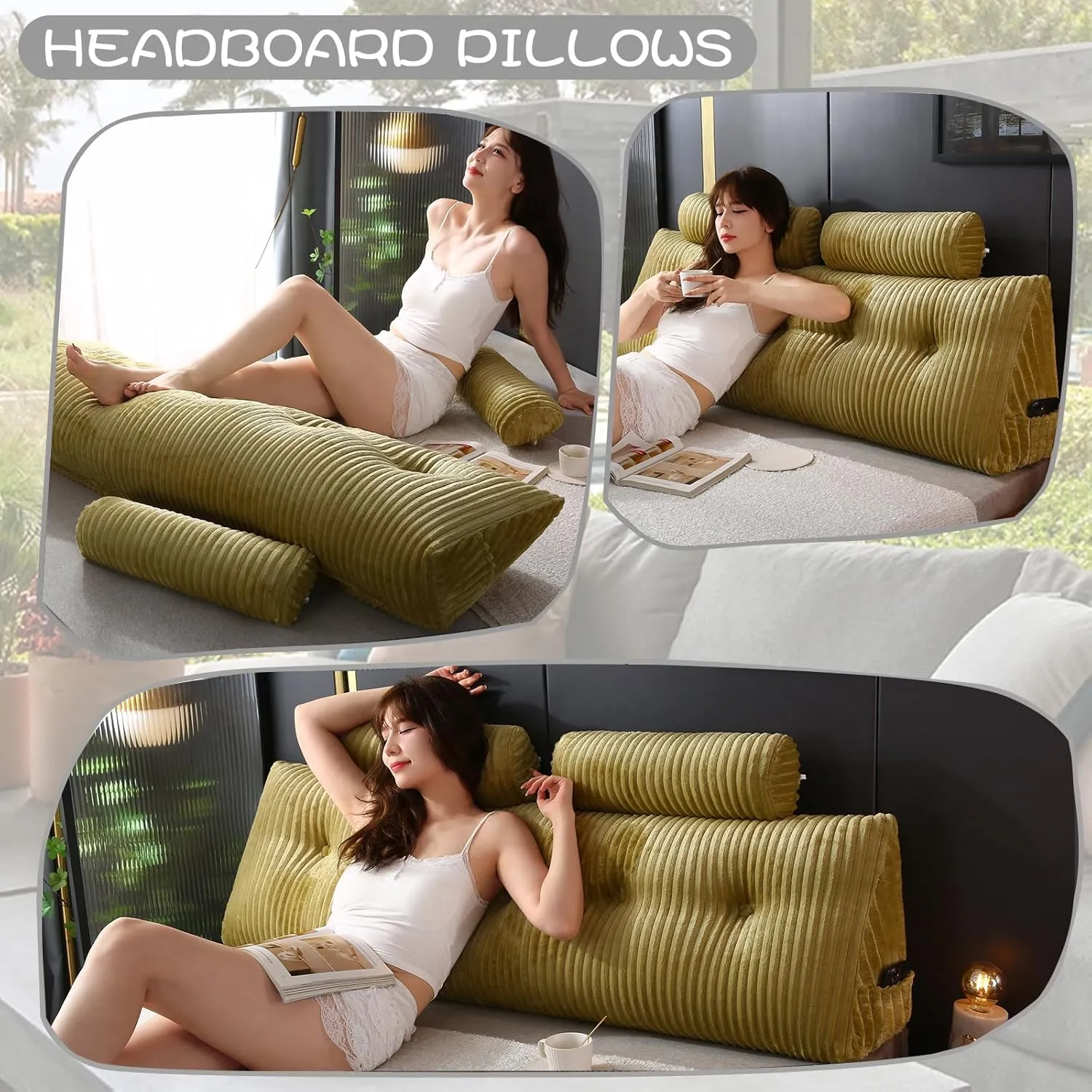 Headboard Wedge Pillow with 2 Pack Neck Roll Pillows Large Wedge Headboard Pillow Reading Pillow Soft and Supportive with Removable Cover