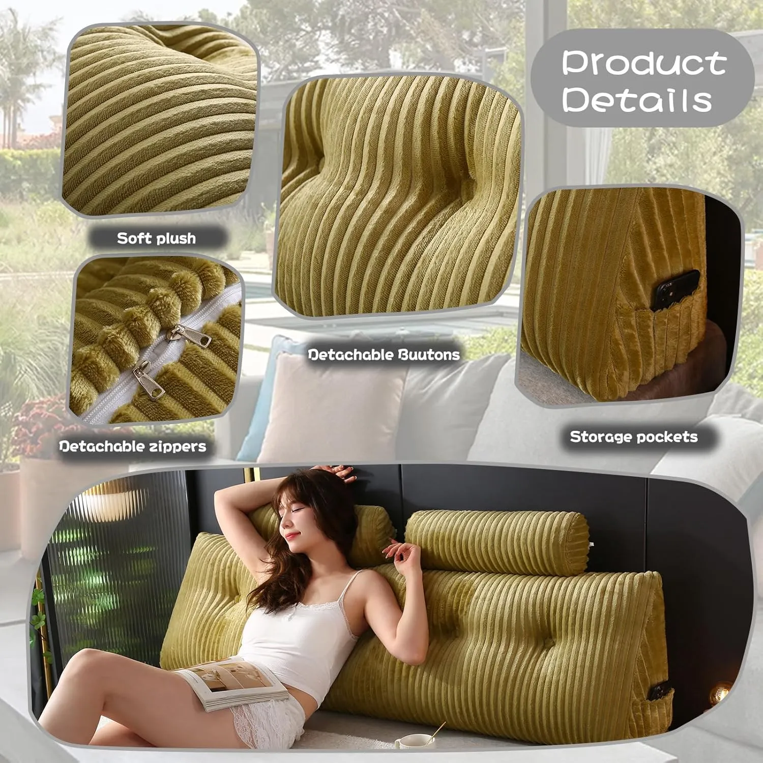 Headboard Wedge Pillow with 2 Pack Neck Roll Pillows Large Wedge Headboard Pillow Reading Pillow Soft and Supportive with Removable Cover