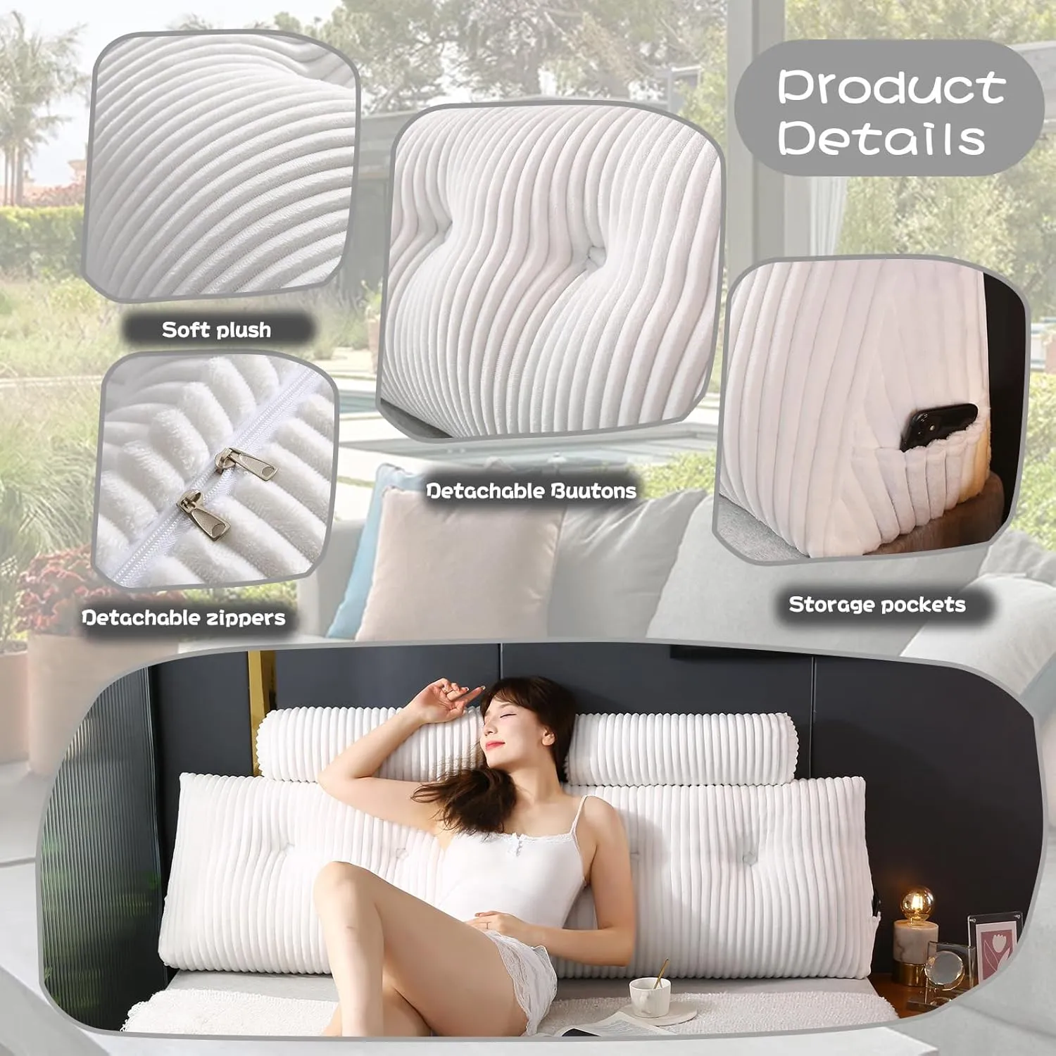 Headboard Wedge Pillow with 2 Pack Neck Roll Pillows Large Wedge Headboard Pillow Reading Pillow Soft and Supportive with Removable Cover