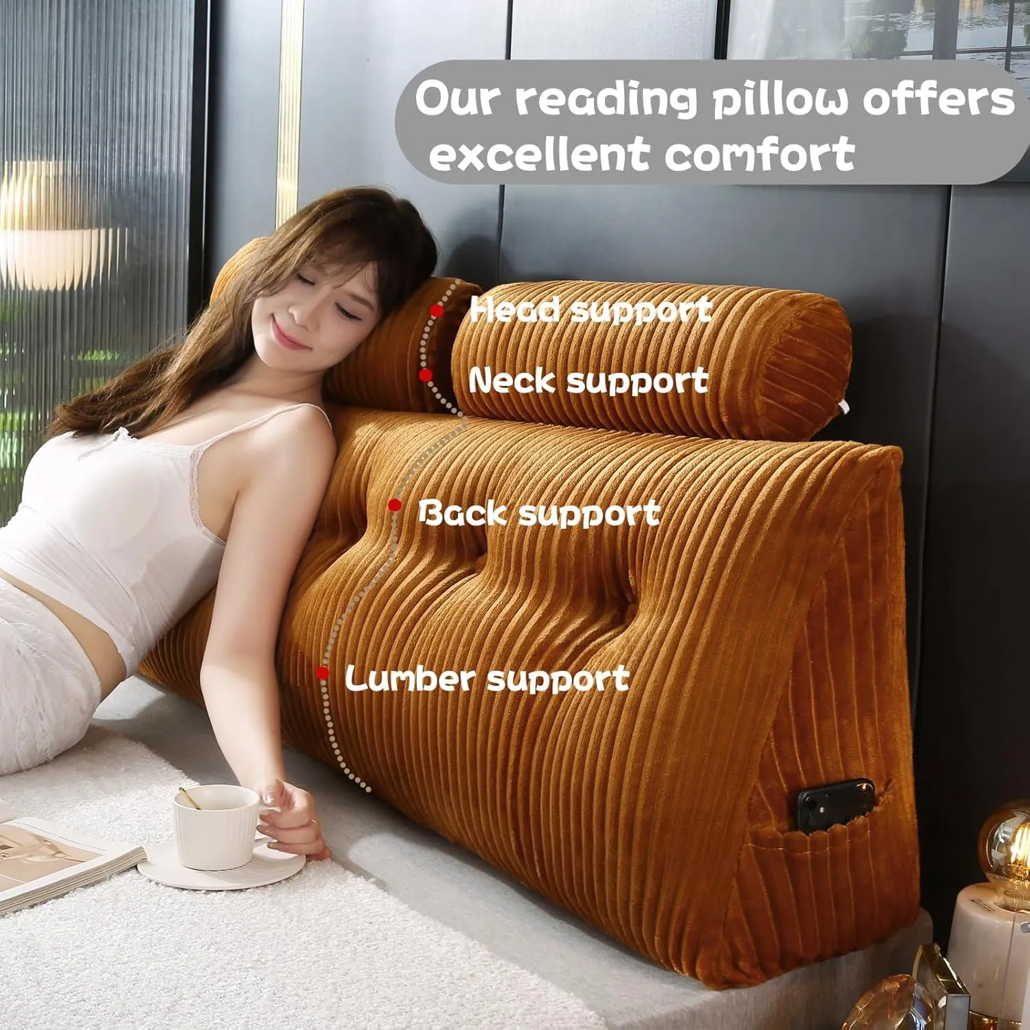 Headboard Wedge Pillow with 2 Pack Neck Roll Pillows Large Wedge Headboard Pillow Reading Pillow Soft and Supportive with Removable Cover