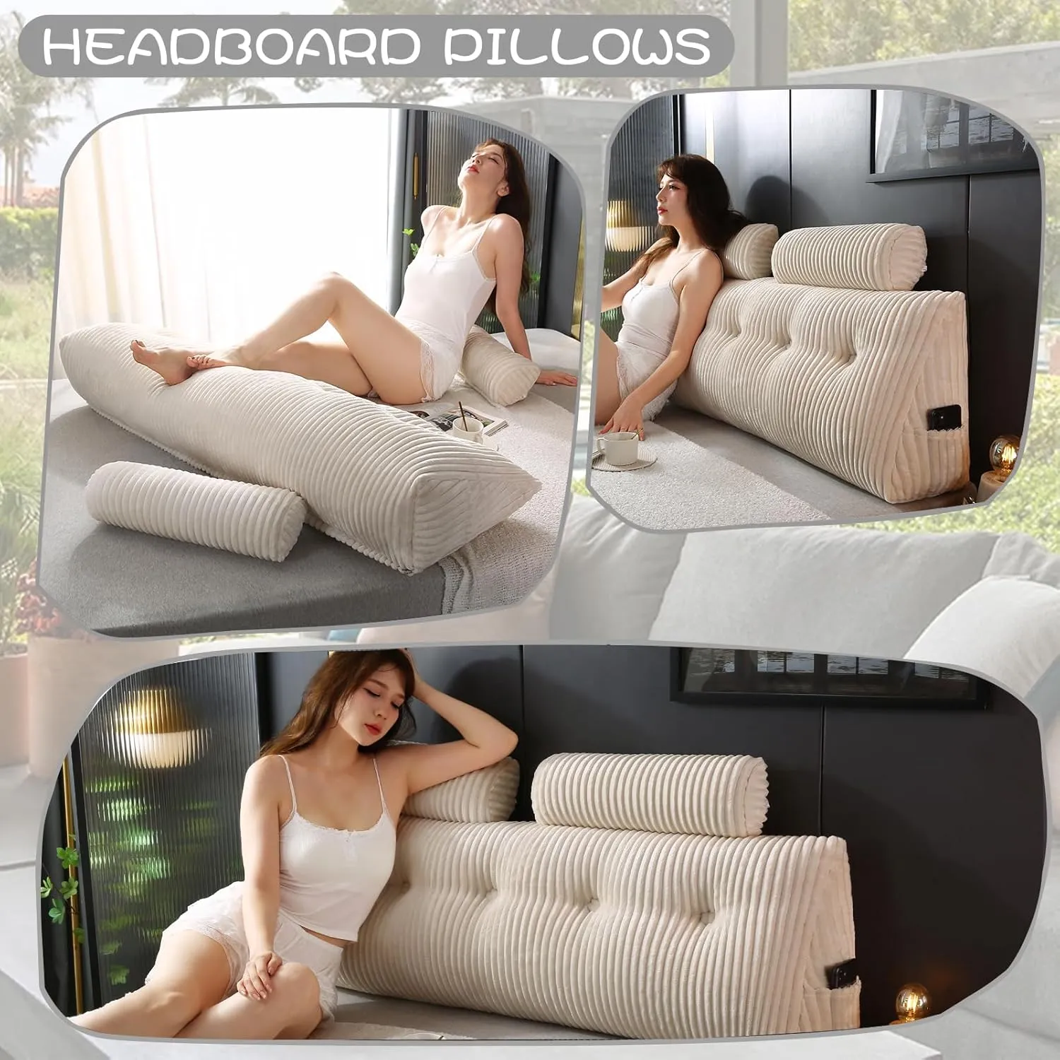 Headboard Wedge Pillow with 2 Pack Neck Roll Pillows Large Wedge Headboard Pillow Reading Pillow Soft and Supportive with Removable Cover