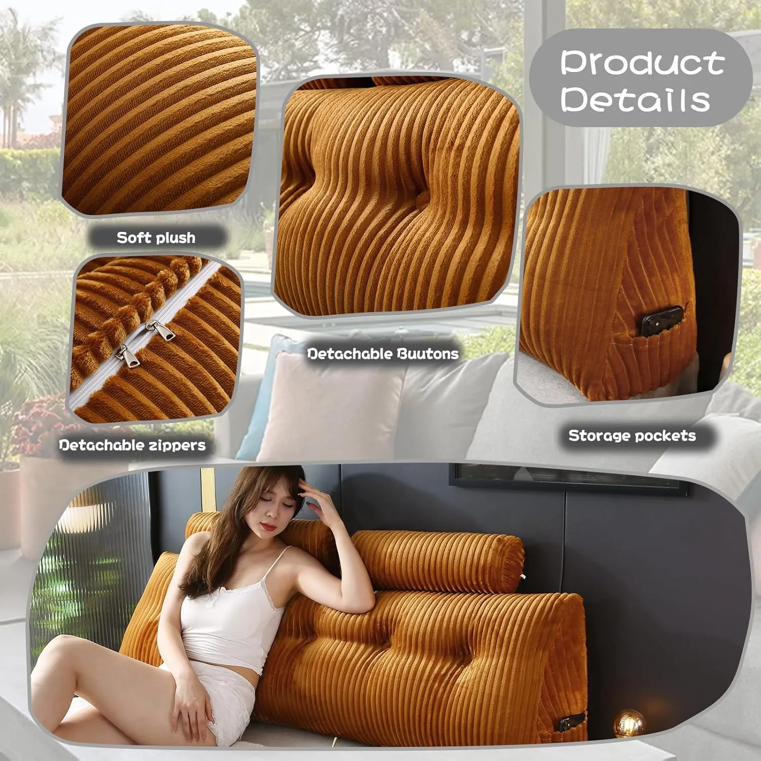 Headboard Wedge Pillow with 2 Pack Neck Roll Pillows Large Wedge Headboard Pillow Reading Pillow Soft and Supportive with Removable Cover